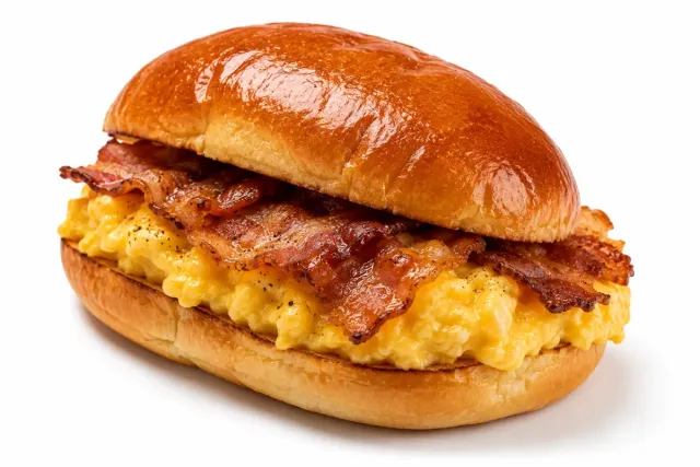 brioche con huevo revuelto y beicon